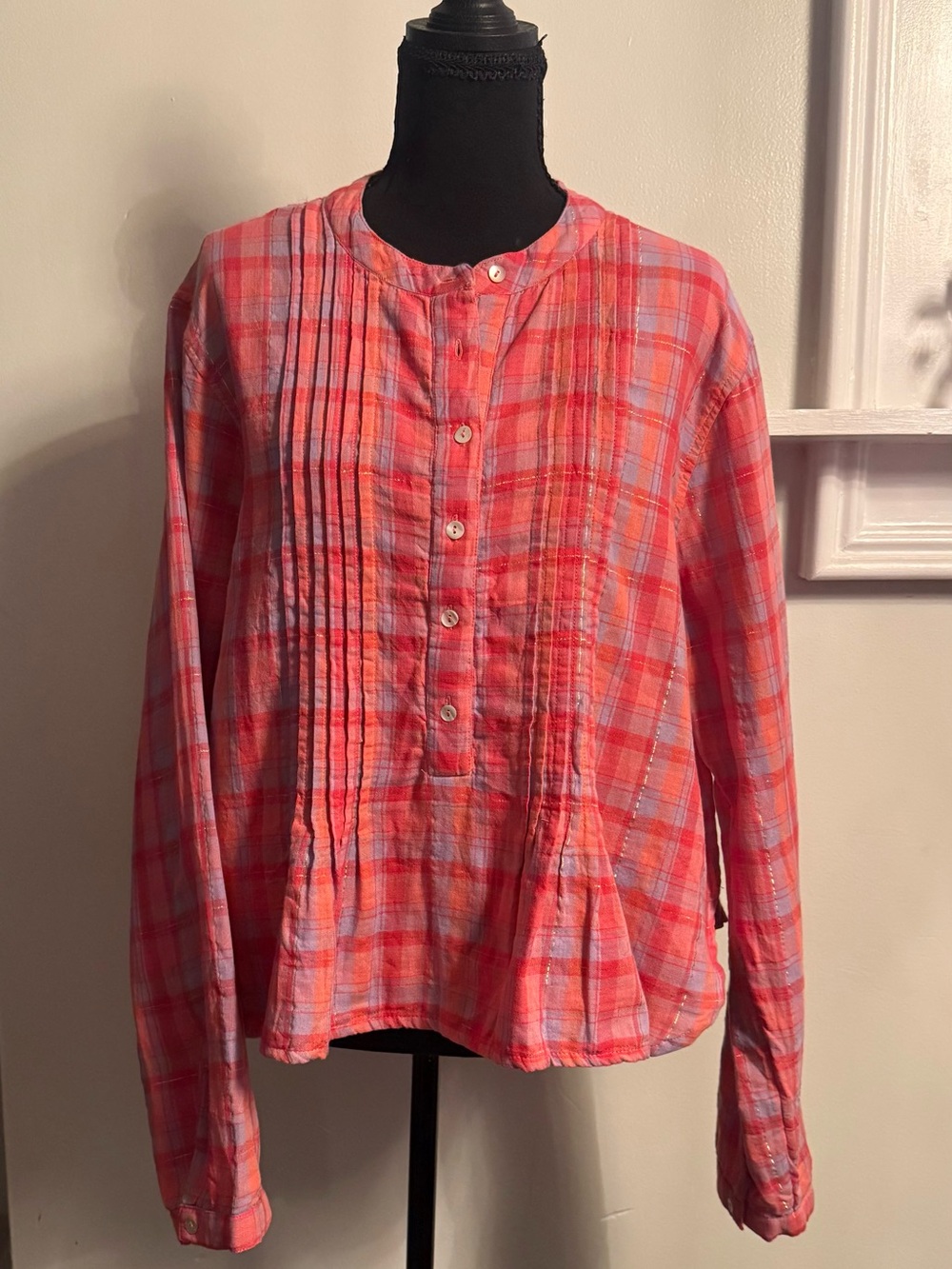 NATURAL LIFE Coral & Pink Plaid Pintuck Button-Front Blouse